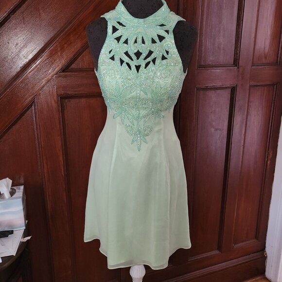 Mint Green Sleeveless Beaded Lace Dress With Halter Neck & Open Back Design - Picture 16 of 16